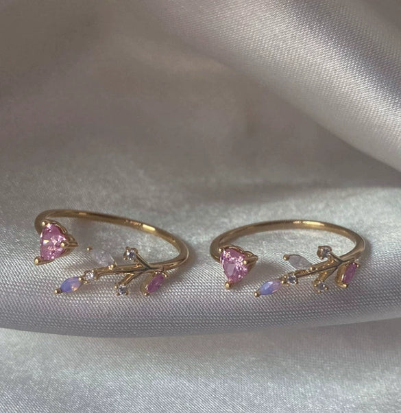 Wholesale Gold Plated Copper Fashion Retro Cute Sweet Style Pink Heart Shaped Butterfly Flower Opening Ring For Women