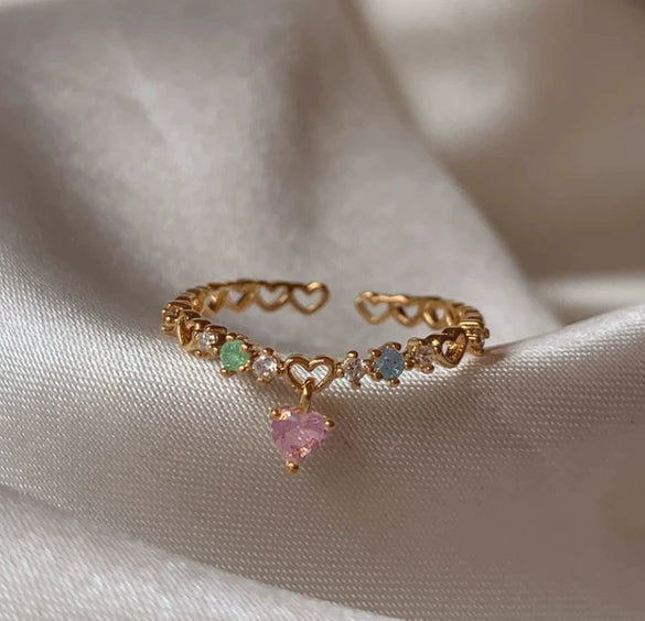 Wholesale Gold Plated Copper Fashion Retro Cute Sweet Style Pink Heart Shaped Butterfly Flower Opening Ring For Women