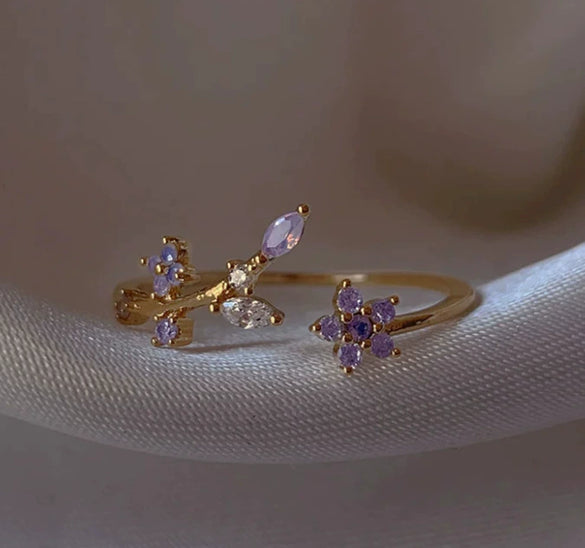 Wholesale Gold Plated Copper Fashion Retro Cute Sweet Style Pink Heart Shaped Butterfly Flower Opening Ring For Women