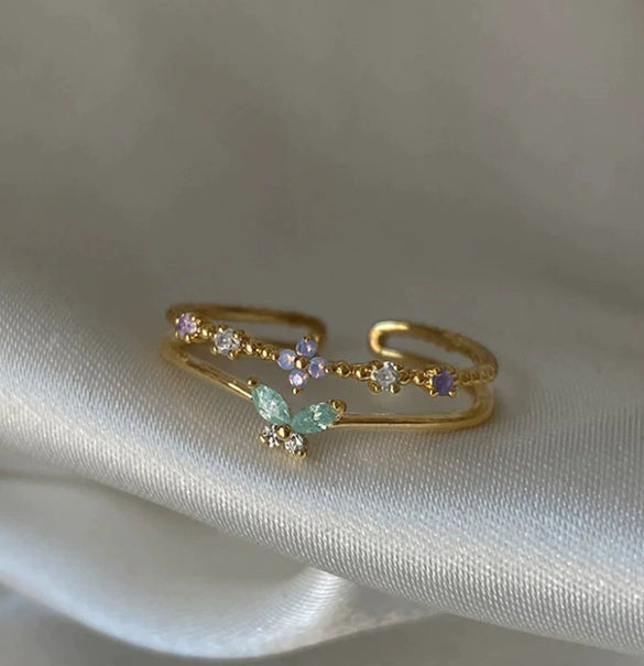 Wholesale Gold Plated Copper Fashion Retro Cute Sweet Style Pink Heart Shaped Butterfly Flower Opening Ring For Women