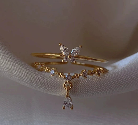 Wholesale Gold Plated Copper Fashion Retro Cute Sweet Style Pink Heart Shaped Butterfly Flower Opening Ring For Women