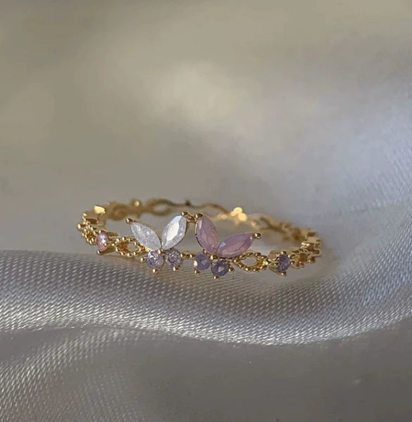 Wholesale Gold Plated Copper Fashion Retro Cute Sweet Style Pink Heart Shaped Butterfly Flower Opening Ring For Women