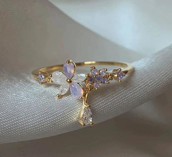 Wholesale Gold Plated Copper Fashion Retro Cute Sweet Style Pink Heart Shaped Butterfly Flower Opening Ring For Women
