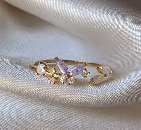 Wholesale Gold Plated Copper Fashion Retro Cute Sweet Style Pink Heart Shaped Butterfly Flower Opening Ring For Women