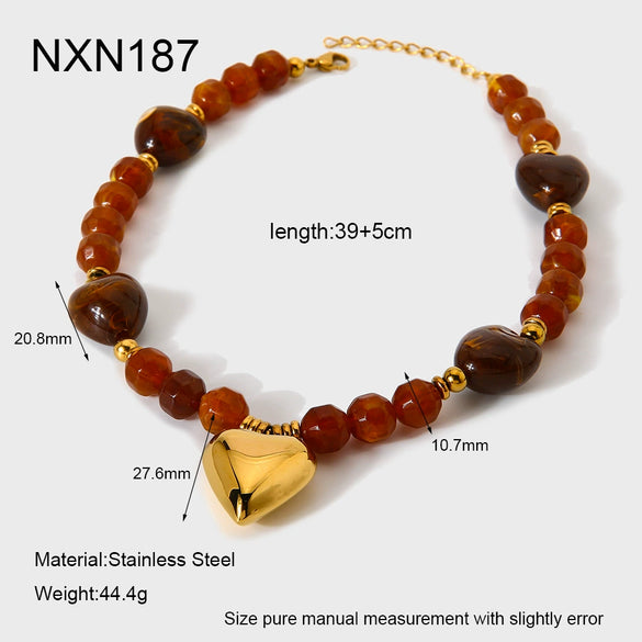Wholesale Gold Plated Geometric And Heart Shape Acrylic Beaded Stainless Steel Pendant Necklace For Women