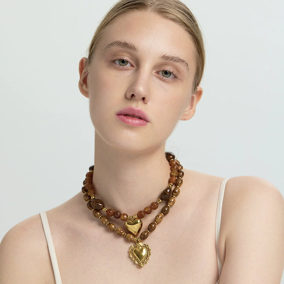 Wholesale Gold Plated Geometric And Heart Shape Acrylic Beaded Stainless Steel Pendant Necklace For Women