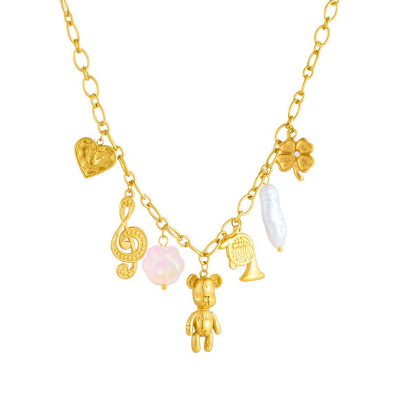 Wholesale Gold Plated Multi Element Pendant Necklace With Cartoon Bear Musical Note Crown Love Pendant Stainless Steel For Women