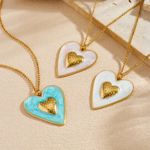 Wholesale Gold Plated Stainless Steel Double Heart Pendant Box Chain Necklace For Women