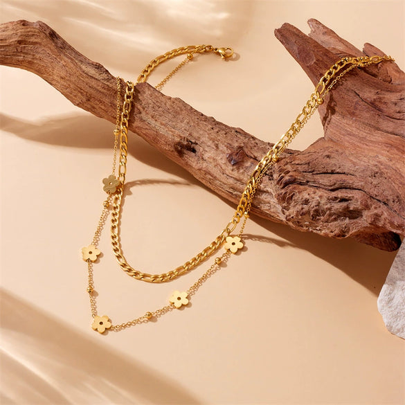 Wholesale Gold Plated Stainless Steel Flower Stacked Double Snake Bone Chain Clavicle Necklace With Electroplating And Niche Design