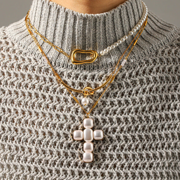 Wholesale Gold Plated Stainless Steel Geometric Cross Pendant Irregular Chain Necklace For Women Ins Style Minimalist
