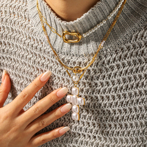 Wholesale Gold Plated Stainless Steel Geometric Cross Pendant Irregular Chain Necklace For Women Ins Style Minimalist