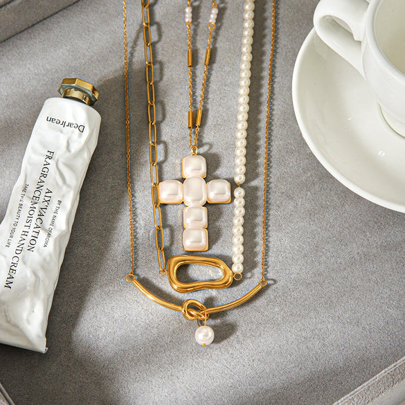Wholesale Gold Plated Stainless Steel Geometric Cross Pendant Irregular Chain Necklace For Women Ins Style Minimalist