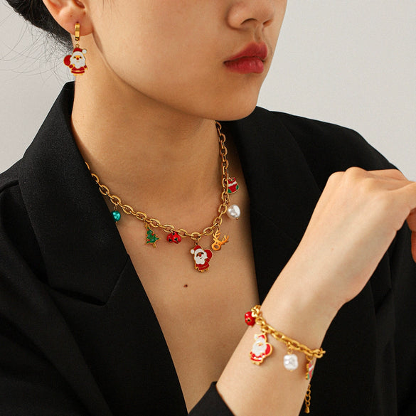 Wholesale Gold Plated Stainless Steel Jewelry For Women With Cartoon Geometric Animal Zodiac Patterns And Oil Drop Christmas Tree Bell Elk Shapes Oshaped Chain