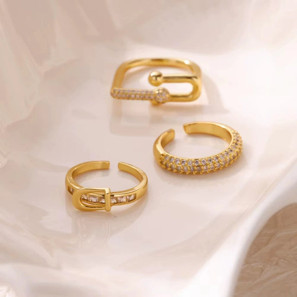 Wholesale Goldplated Copper Geometric Beltshaped Open Rings For Women With Electroplating Design