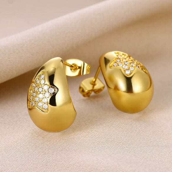 Wholesale Goldplated Copper Heart Drop Design Earrings With Geometric And Star Patterns