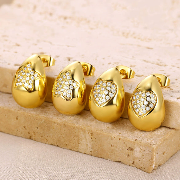 Wholesale Goldplated Copper Heart Drop Design Earrings With Geometric And Star Patterns