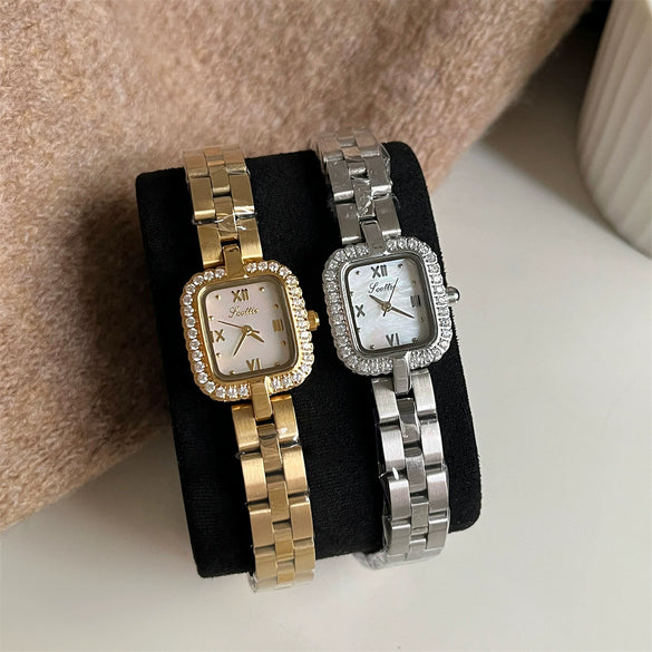 Wholesale Goldplated Diamondencrusted Square Motherofpearl Stainless Steel Band Watch For Women