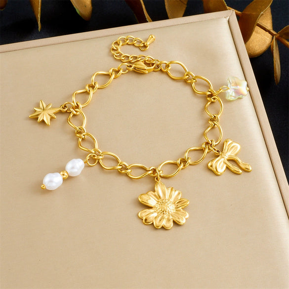 Wholesale Goldplated Flowers Pattern Stainless Steel Bracelet For Women
