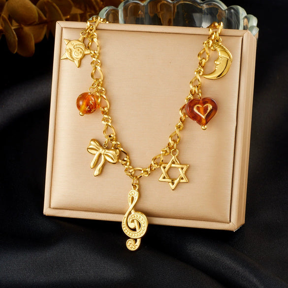 Wholesale Goldplated Medieval Style Musical Note Bow Star Moon Face Stainless Steel Pendant Necklace With Flash O Chain For Women