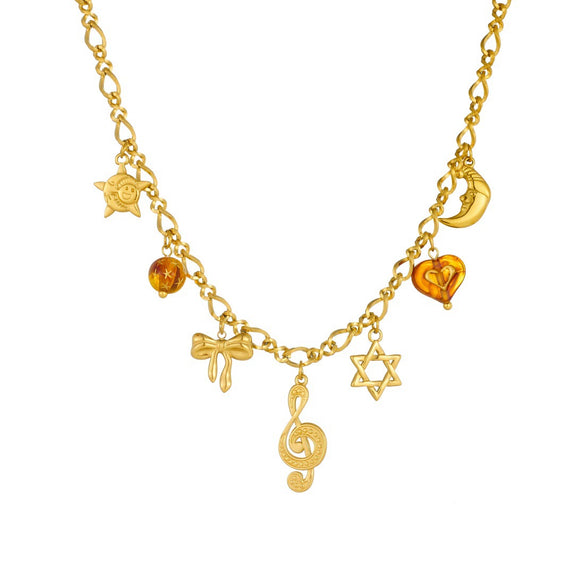 Wholesale Goldplated Medieval Style Musical Note Bow Star Moon Face Stainless Steel Pendant Necklace With Flash O Chain For Women