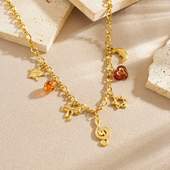 Wholesale Goldplated Medieval Style Musical Note Bow Star Moon Face Stainless Steel Pendant Necklace With Flash O Chain For Women