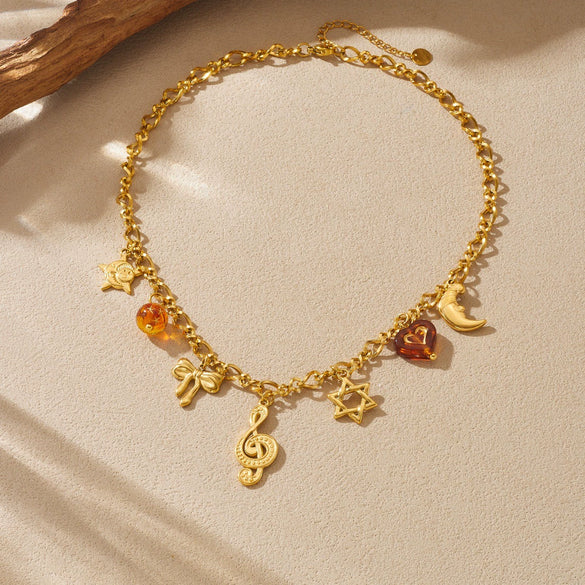 Wholesale Goldplated Medieval Style Musical Note Bow Star Moon Face Stainless Steel Pendant Necklace With Flash O Chain For Women