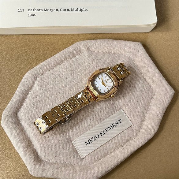 Wholesale Goldplated Motherofpearl Steel Band Watch For Women Vintage Style Small Square Oval Dial