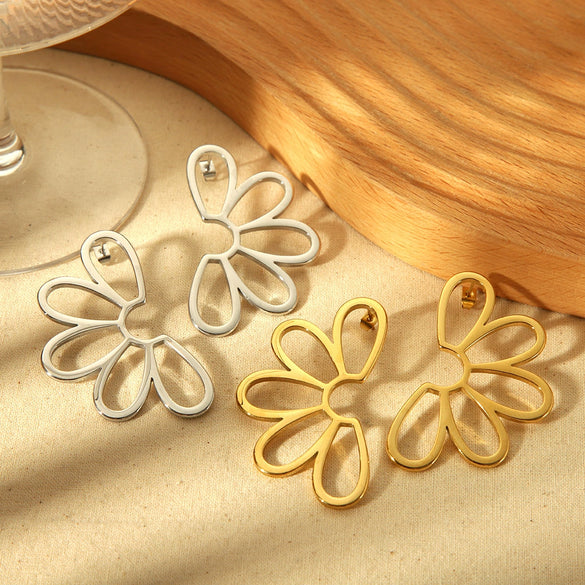 Wholesale Goldplated Polished Stainless Steel Hollow Symmetrical Flower Earrings For Women