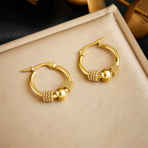 Wholesale Goldplated Round Geometric Beaded Earrings In Stainless Steel With Electroplating For Women