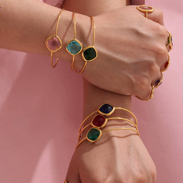 Wholesale Goldplated Stainless Steel And Czech Glass Ferris Wheel Square Inlaid Open Bracelet With Geometric Light Luxury Style