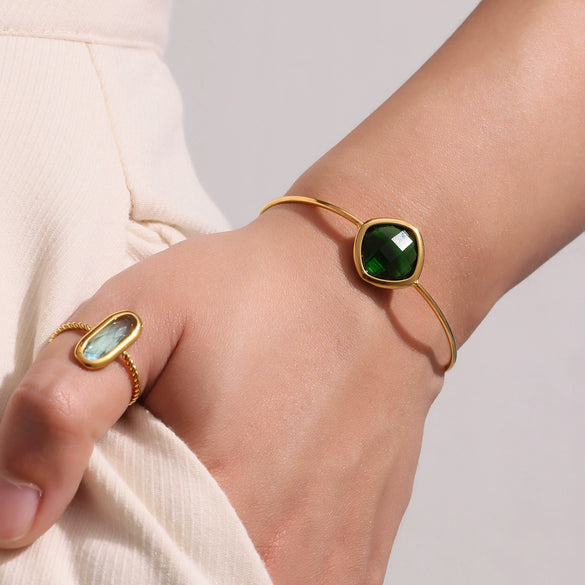 Wholesale Goldplated Stainless Steel And Czech Glass Ferris Wheel Square Inlaid Open Bracelet With Geometric Light Luxury Style