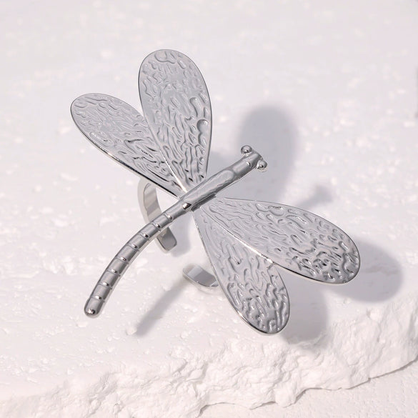 Wholesale Goldplated Stainless Steel Dragonfly Open Ring Jewelry For Women Simple Animal Style