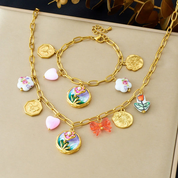 Wholesale Goldplated Stainless Steel Retro Enamel Filigree Plants And Flowers Pattern Round Butterfly Jewelry Set For Women