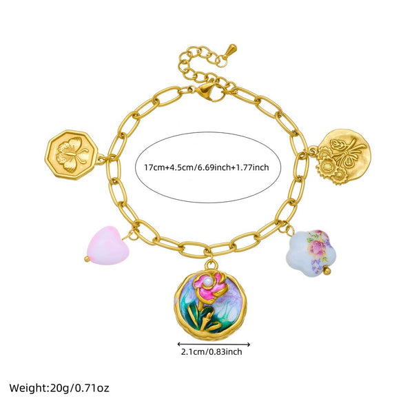 Wholesale Goldplated Stainless Steel Retro Enamel Filigree Plants And Flowers Pattern Round Butterfly Jewelry Set For Women