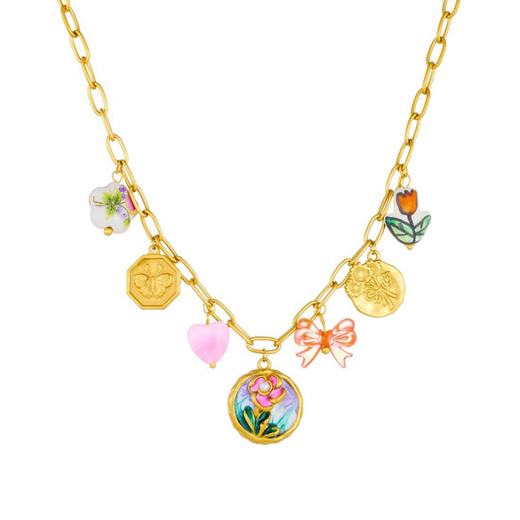Wholesale Goldplated Stainless Steel Retro Enamel Filigree Plants And Flowers Pattern Round Butterfly Jewelry Set For Women