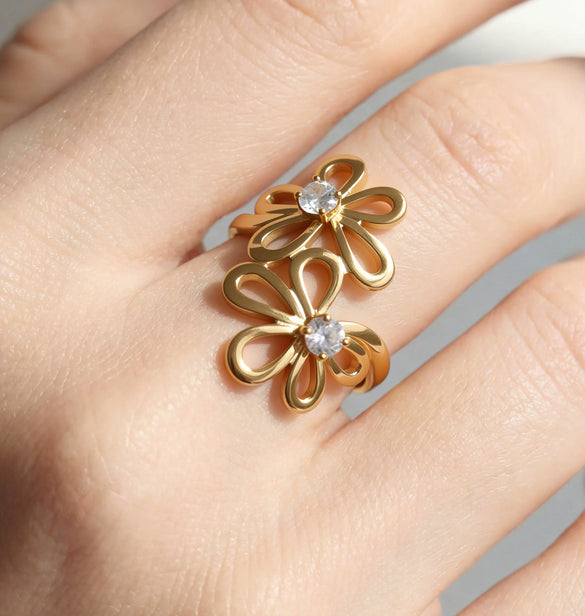 Wholesale Goldplated Stainless Steel Stacking Style Geometric And Flower Pattern Ring Set Unisex