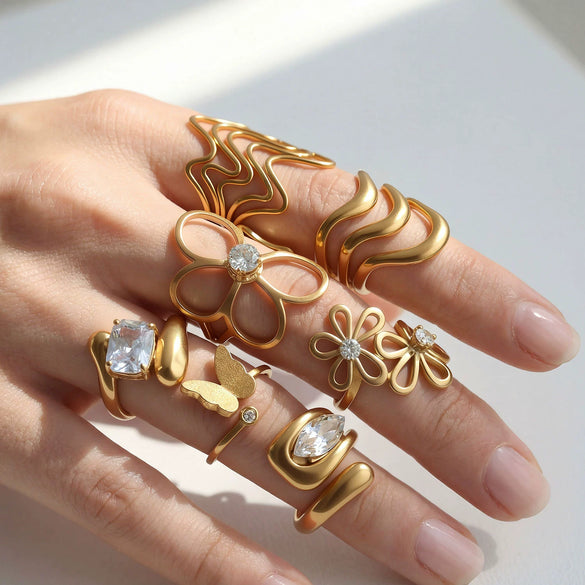 Wholesale Goldplated Stainless Steel Stacking Style Geometric And Flower Pattern Ring Set Unisex