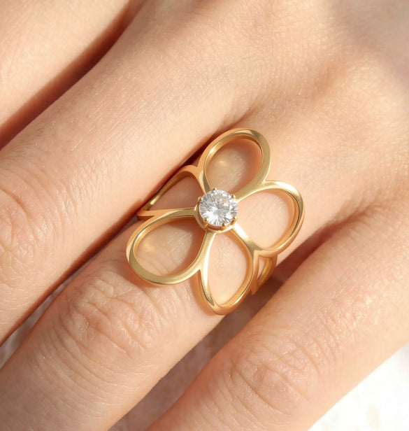 Wholesale Goldplated Stainless Steel Stacking Style Geometric And Flower Pattern Ring Set Unisex