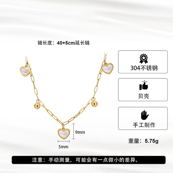 Wholesale Goldplated Stainless Steel White Shell Geometric Heart Bead Pendant Calendering Chain Necklace For Women