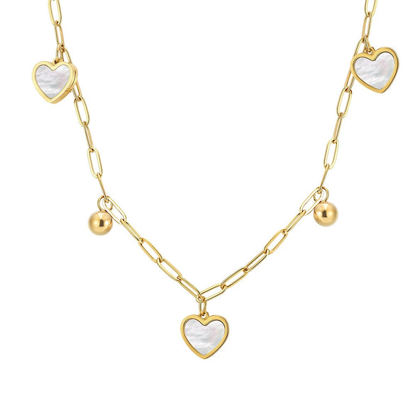 Wholesale Goldplated Stainless Steel White Shell Geometric Heart Bead Pendant Calendering Chain Necklace For Women