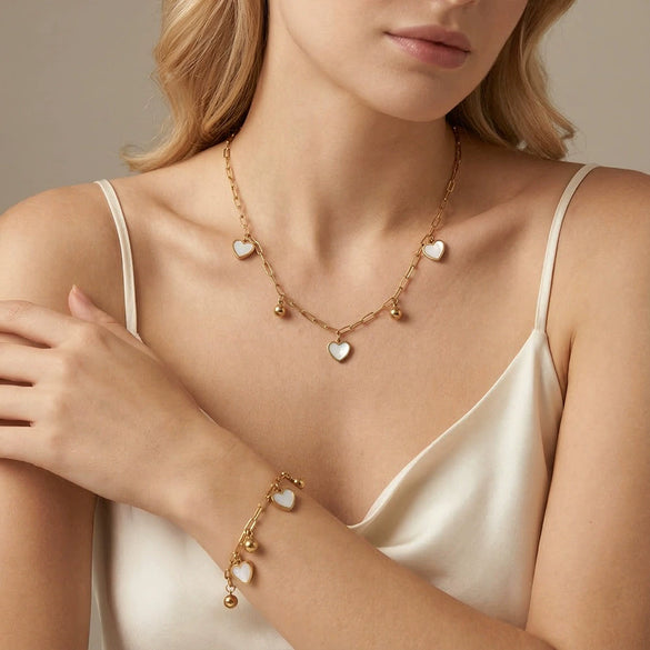 Wholesale Goldplated Stainless Steel White Shell Geometric Heart Bead Pendant Calendering Chain Necklace For Women