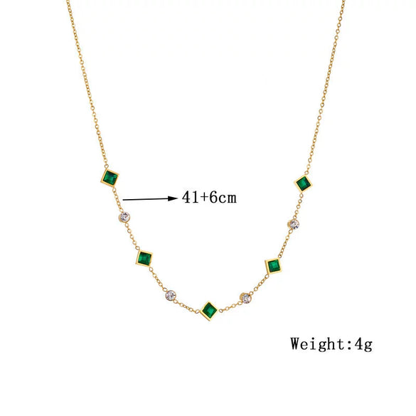 Wholesale Goldplated Titanium Steel Square Clavicle Chain Necklace With Emerald Inlaid Rhinestones Geometric Design Electroplated Accessories