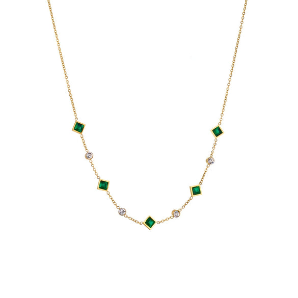 Wholesale Goldplated Titanium Steel Square Clavicle Chain Necklace With Emerald Inlaid Rhinestones Geometric Design Electroplated Accessories