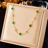 Wholesale Goldplated Titanium Steel Square Clavicle Chain Necklace With Emerald Inlaid Rhinestones Geometric Design Electroplated Accessories