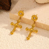 Wholesale Gothic Style Geometric Carved Sun Cross Pearl Stainless Steel Earrings For Women With Pvd Furnace Vacuum Real Gold Plating