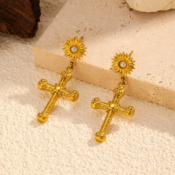 Wholesale Gothic Style Geometric Carved Sun Cross Pearl Stainless Steel Earrings For Women With Pvd Furnace Vacuum Real Gold Plating