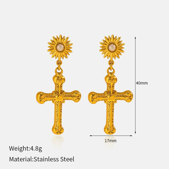 Wholesale Gothic Style Geometric Carved Sun Cross Pearl Stainless Steel Earrings For Women With Pvd Furnace Vacuum Real Gold Plating