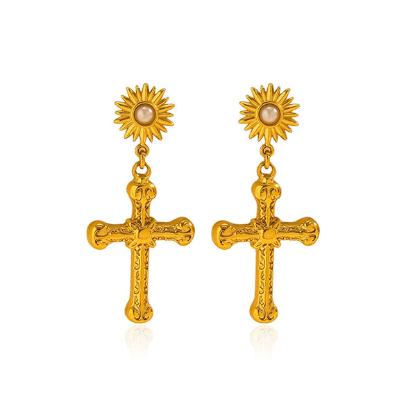 Wholesale Gothic Style Geometric Carved Sun Cross Pearl Stainless Steel Earrings For Women With Pvd Furnace Vacuum Real Gold Plating