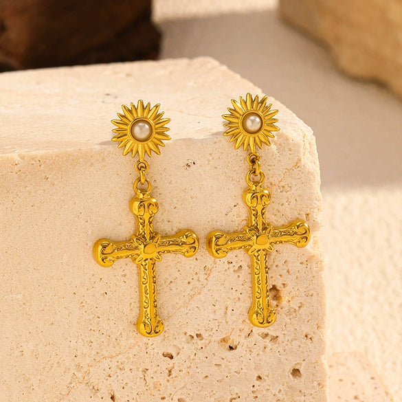 Wholesale Gothic Style Geometric Carved Sun Cross Pearl Stainless Steel Earrings For Women With Pvd Furnace Vacuum Real Gold Plating