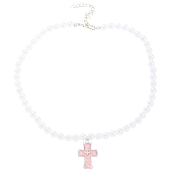 Wholesale Gothic Vintage Pink Cross Cat Pendant Imitation Pearl Beaded Alloy Necklace With Electroplating For Women Featuring Cartoon Characters Geometric And Animal Patterns